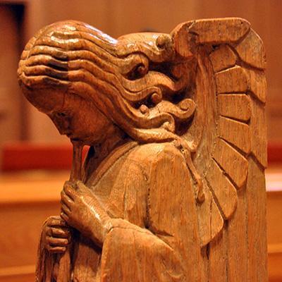 Angels carved into the wooden pews in the chapel at Bryn Mawr Presbyterian Church 