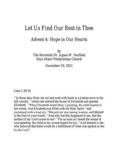 Sunday, December 19, 2021 Sermon: Let Us Find Our Rest in Thee by the Rev. Agnes W. Norfleet