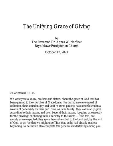 Sunday, October 17, 2021 Sermon: The Unifying Grace of Giving by the Rev. Dr. Agnes W. Norfleet