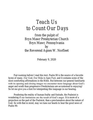 Sunday, February 9, 2020 Sermon:  Teach Us to Count Our Days