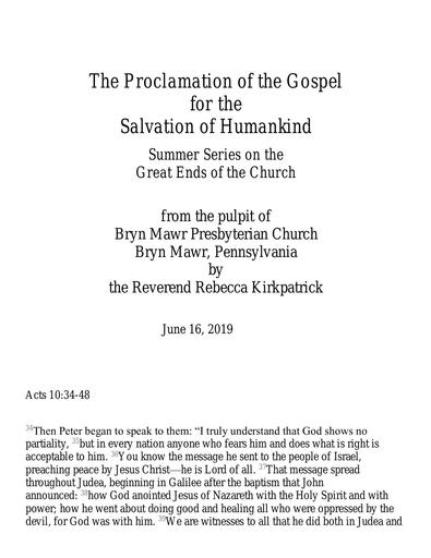 Sunday, June 16, 2019 Sermon: The Proclamation of the Gospel for the Salvation of Humankind