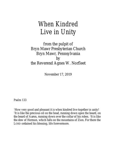 Sunday, November 17, 2019 Sermon: When Kindred Live in Unity