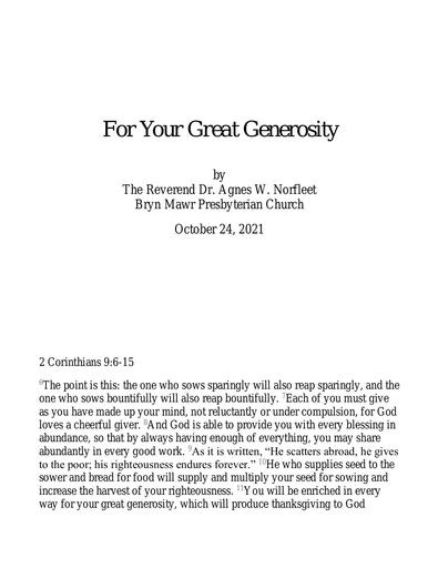 Sunday, October 24, 2021 Sermon: For Your Great Generosity by the Rev. Dr. Agnes W. Norfleet