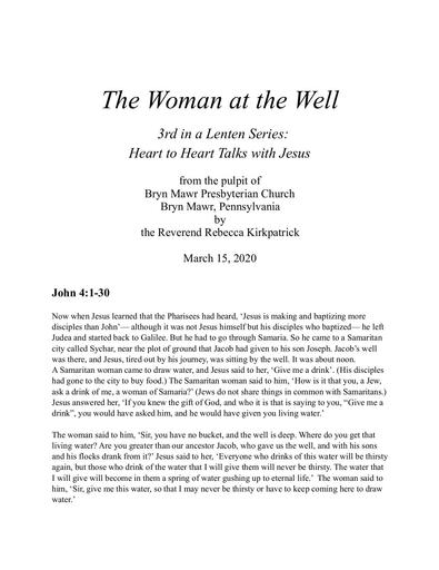 Sunday, March 15, 2020 Sermon: The Woman at the Well