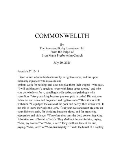 Sunday, July 20, 2025 Sermon: Commonwellth