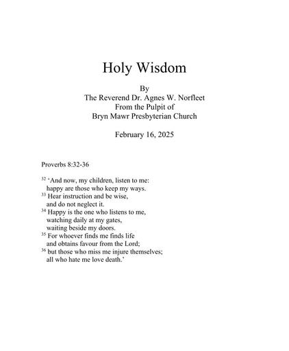 Sunday, February 16, 2025 Sermon: Holy Wisdom by the Rev. Dr. Agnes W. Norfleet