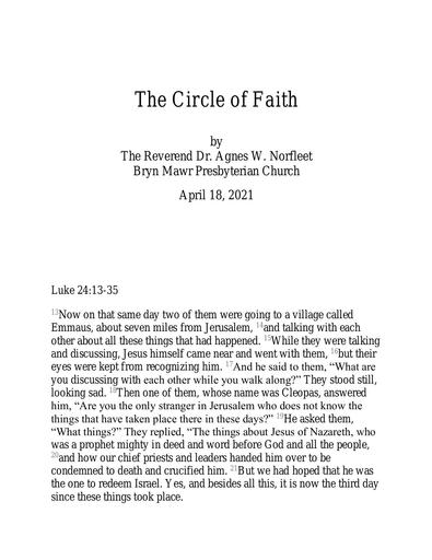 Sunday, April 18, 2021 Sermon: Circle of Faith by the Rev. Dr. Agnes W. Norfleet