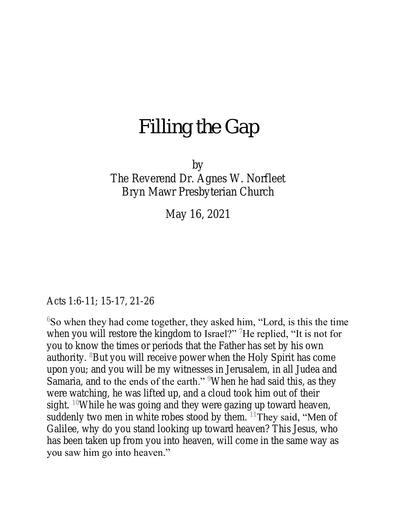 Sunday, May 16, 2021 Sermon: Filling the Gap by the Rev. Dr. Agnes W. Norfleet