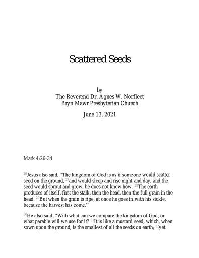 Sunday, June 13, 2021 Sermon: Scattered Seeds by the Rev. Dr. Agnes W. Norfleet