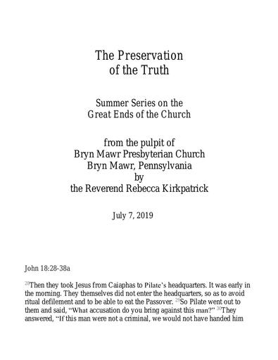 Sunday, July 07, 2019 Sermon: Preservation of the Truth