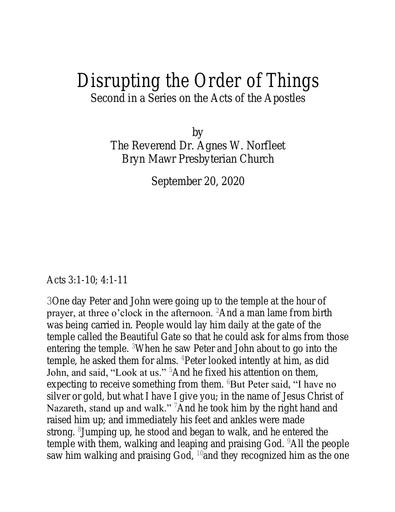 Sunday, September 20, 2020 Sermon: Disrupting the Order of Things