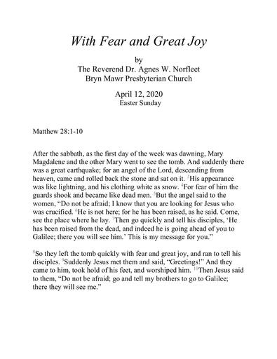 Easter Sunday, April 12, 2020 Sermon: With Fear and Great Joy