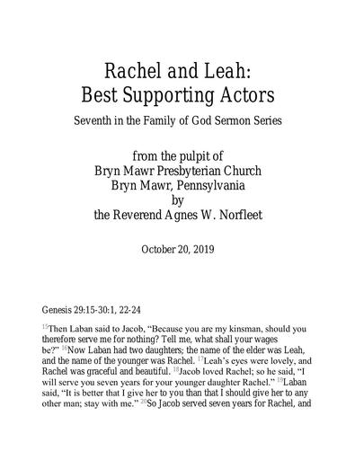 Sunday, October 20, 2019 Sermon: Rachel and Leah: Best Supporting Actors