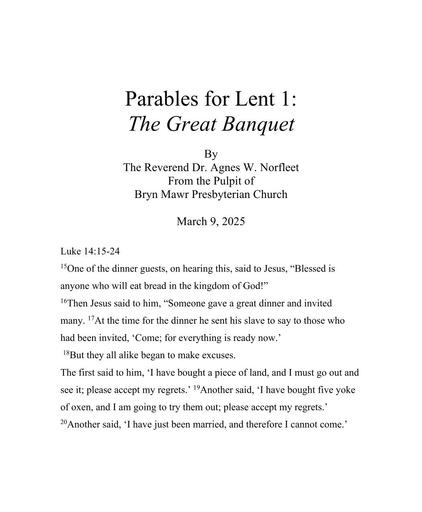 Sunday, March 9, 2025 Sermon: The Great Banquet, Parables for Lent 1