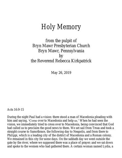 Sunday, May 26, 2019 Sermon: Holy Memory