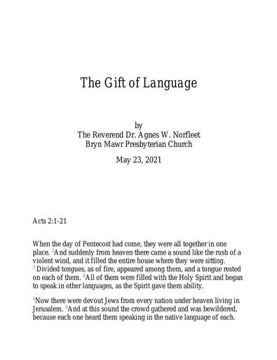 Sunday, May 23, 2021 Sermon: The Gift of Language by the Rev. Dr. Agnes W. Norfleet