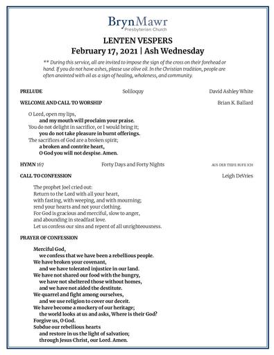 Wednesday, February 17, 2021 Lenten Vesper Bulletin (Ash Wednesday)