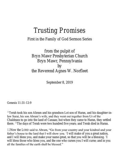 Sunday, September 8, 2019 Sermon: Trusting Promises