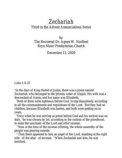 Sunday, December 13, 2020 Sermon: Zechariah