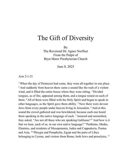 Sunday, June 8, 2025 Sermon: The Gift of Diversity
