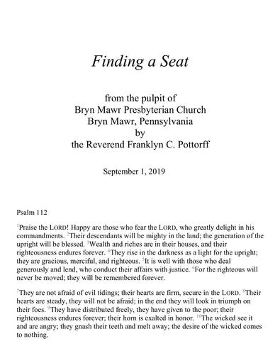 Sunday, September 1, 2019 Sermon: Finding a Seat