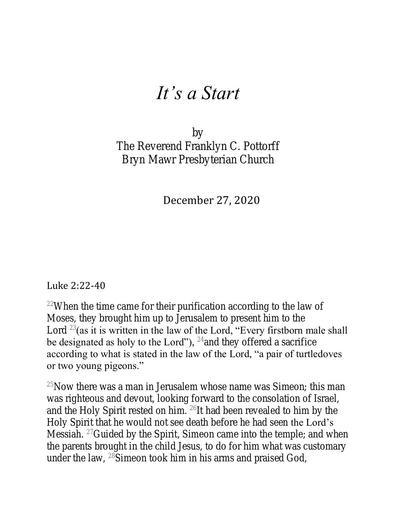 Sunday, December 27, 2020 Sermon: Its a Start