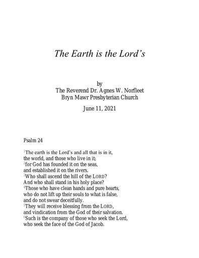 Sunday, July 11, 2021 Sermon: The Earth is the Lords by the Rev. Dr. Agnes W. Norfleet
