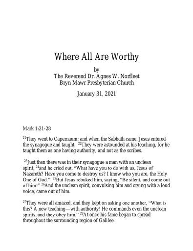 Sunday, January 31, 2021 Sermon: Where All Are Worthy by the Rev. Dr. Agnes W. Norfleet