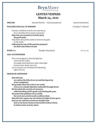 Wednesday, March 24, 2021 Bulletin - Lenten Vesper Service