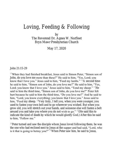 Sunday, May 17, 2020 Sermon: Loving, Feeding & Following