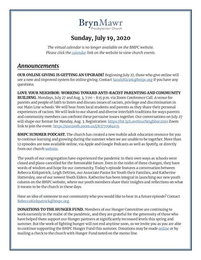 Sunday, July 19, 2020 - Announcement File