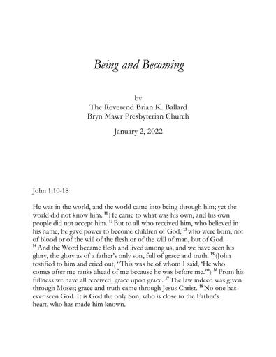 Sunday, January 2, 2022 Sermon: Being and Becoming by the Rev. Brian K. Ballard