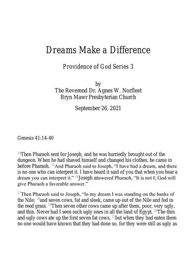 Sunday, September 26, 2021 Sermon: Dreams Make a Difference by the Rev. Dr. Agnes W. Norfleet