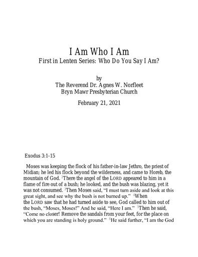 Sunday, February 21, 2021 Sermon: Who I Am by the Rev. Dr. Agnes W. Norfleet