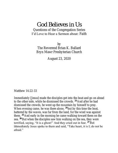 Sunday, August 23, 2020 Sermon - God Believes in Us
