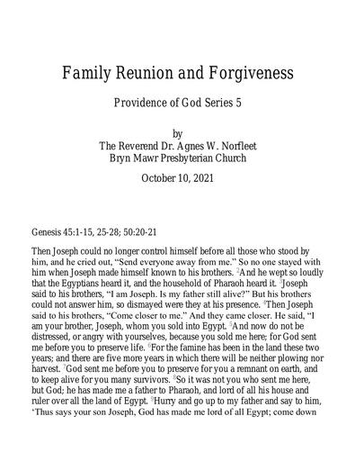 Sunday, October 10, 2021 Sermon: Family Reunion & Forgiveness by the Rev. Dr. Agnes W. Norfleet