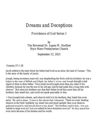 Sunday, September 12, 2021 Sermon: Dreams and Deception by the Rev. Agnes W. Norfleet