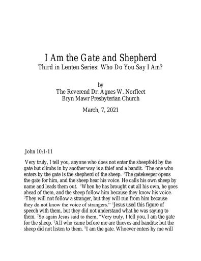 Sunday, March 7, 2021 Transcript: Gate and Shepherd by the Rev. Dr. Agnes W. Norfleet