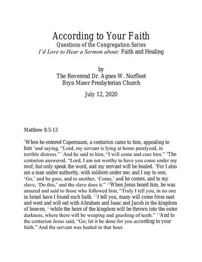 Sunday, July 12, 2020 Sermon: According to Your Faith