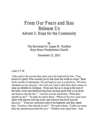 Sunday, December 12, 2021 Sermon: From Our Sins Fears Release Us by the Rev. Agnes W. Norfleet