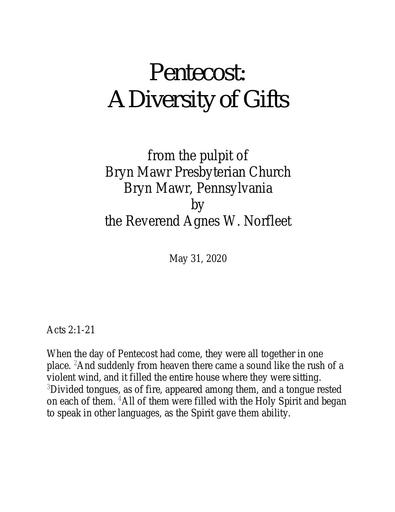 Sunday, May 31, 2020 Sermon: Pentecost: The Gift of Diversity