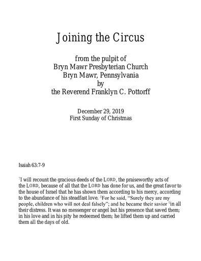 Sunday, December 29, 2019 Sermon: Joining the Circus