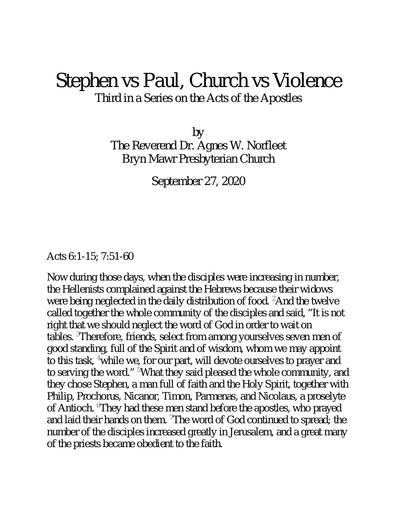 Sunday, September 27, 2020 Sermon: Stephen vs. Paul; Church vs. Violence