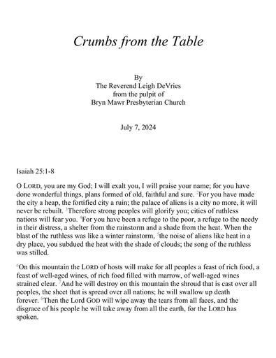 Sunday, July 7, 2024 Sermon: Crumbs from the Table by the Rev. Leigh DeVries