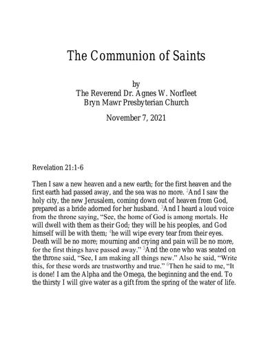 Sunday, November 7, 2021 Sermon: The Communion of Saints by the Rev. Agnes W. Norfleet