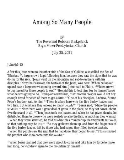 Sunday, July 25, 2021 Sermon: Among So Many People by the Rev. Rebecca Kirkpatrick