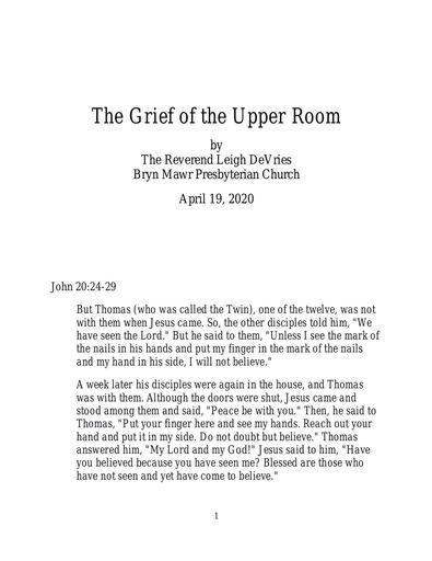 Sunday, April 19, 2020 Sermon: The Grief in the Upper Room