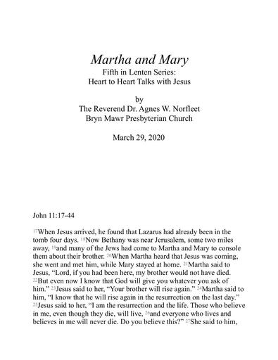 Sunday, March 29, 2020 Sermon: Martha and Mary