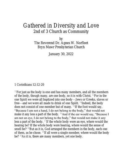 Sunday, January 30, 2022 Sermon: Gathered in Diversity and Love by the Rev. Dr. Agnes W. Norfleet