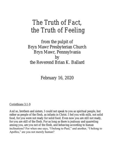 Sunday, February 23, 2020 Sermon: The Truth of Fact, the Truth of Feeling